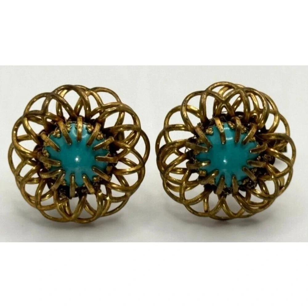 Vintage Miriam Haskell Signed Faux‎ Turquoise Gold Tone Cufflinks